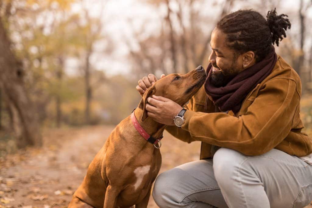 Black Man and his dog playing in a wooded area.