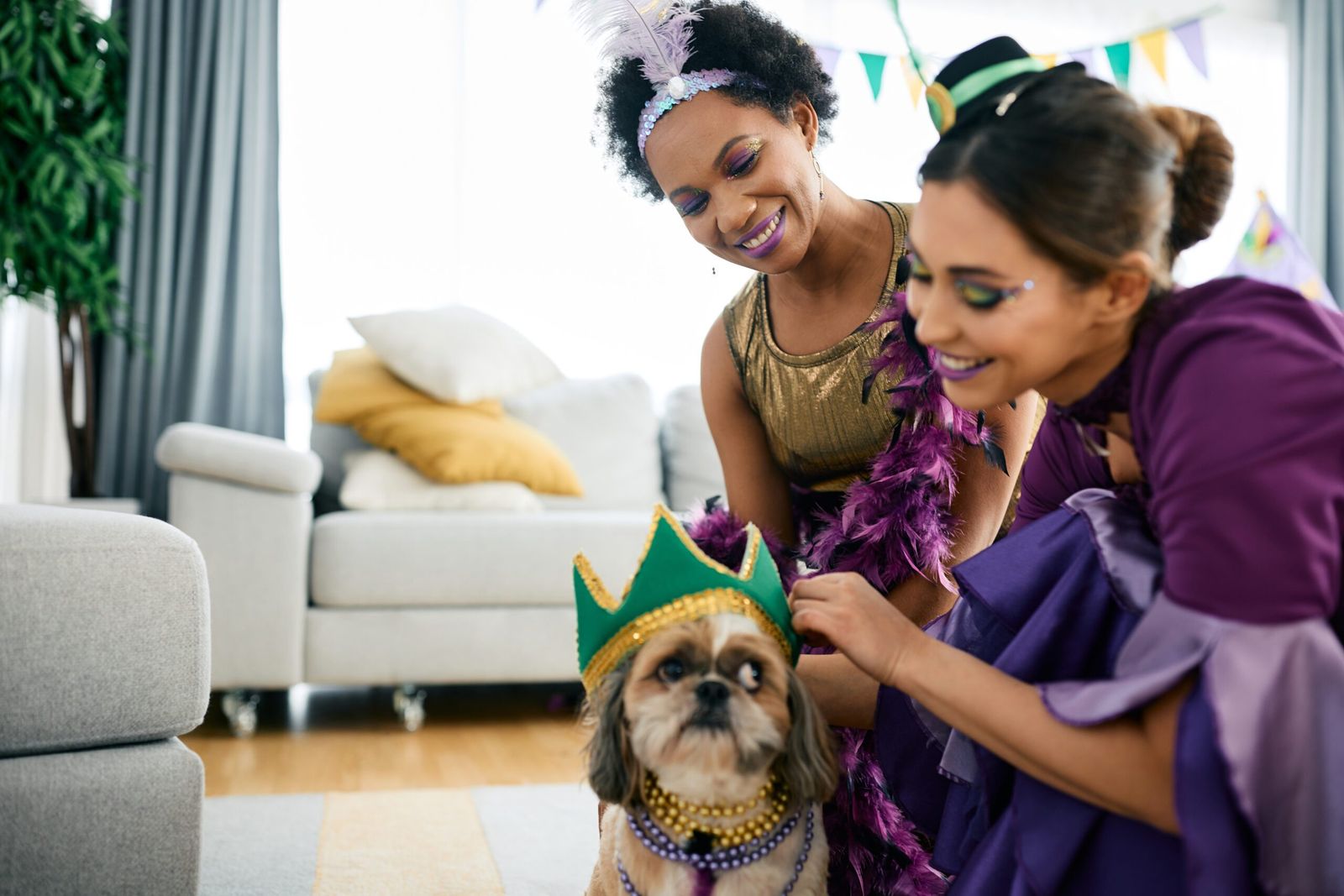 Happy African American woman and her friend dressing up their dog for Mardi Gras celebration festival.