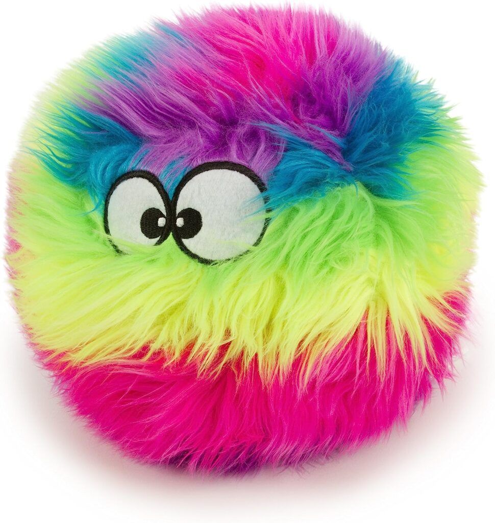 Colorful Dog Toy, Dog Chew Toy, Squeaky Plush Rainbow Ball with eyes on a white background